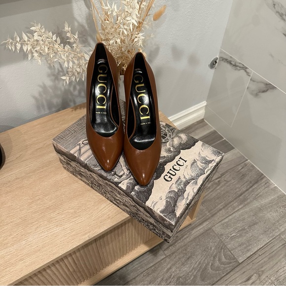New SIZE 9.5 US / 39.5 EU Gucci Brown Leather Almond Toe Classic Pump Shoes - Picture 4 of 10